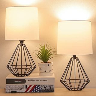 Set of 2 Bedside Table Lamp, Modern Desk Lamp with Black Metal Base, Fabric Shade, 3000K LED Bulbs for Nightstand Bedroom Living Room Office Working Reading