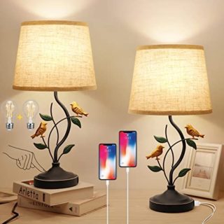 Table Lamps - Bedside Lamps with 2 USB Ports, Dimmable Nightstand Lamps with 6W LED Bulb, Touch Lamp with Fabric Shade for Bedroom, Living Room, Office Set of 2