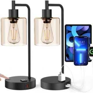 【Upgraded】Touch Control Industrial Table Lamp with USB A+C Ports & AC Outlet 3-Way Dimmable Glass Shade Bedside Nightstand Desk Lamp for Reading Bedroom Living Room office Set of 2-Light Bulb Included